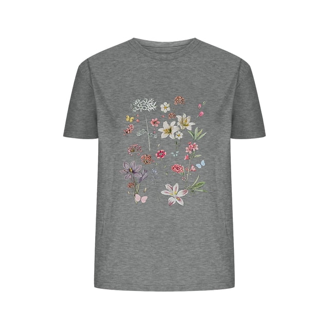 Camisetas de Verano de Mujer Pequeña Flor Impresa Cuello Redondo Manga Corta Superior, Verano Superior de las Mujeres