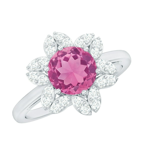 Rosec Jewels 1.75 CT Pink Tourmaline and Diamond Ring for Women, Elegant Pink Tourmaline Floral Ring, 925 Sterling Silver, US 4.00