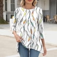 thumbnail image 5 of CYMMPU Summer Fashion Shirts Crew Neck Blouses for Women Dressy Casual Tunic Tops Flower Pattern Loose Fit Spring Tops 3/4 Sleeve Flare Hem Hide Belly Tops to Wear with Leggings T-Shirts White L, 5 of 7