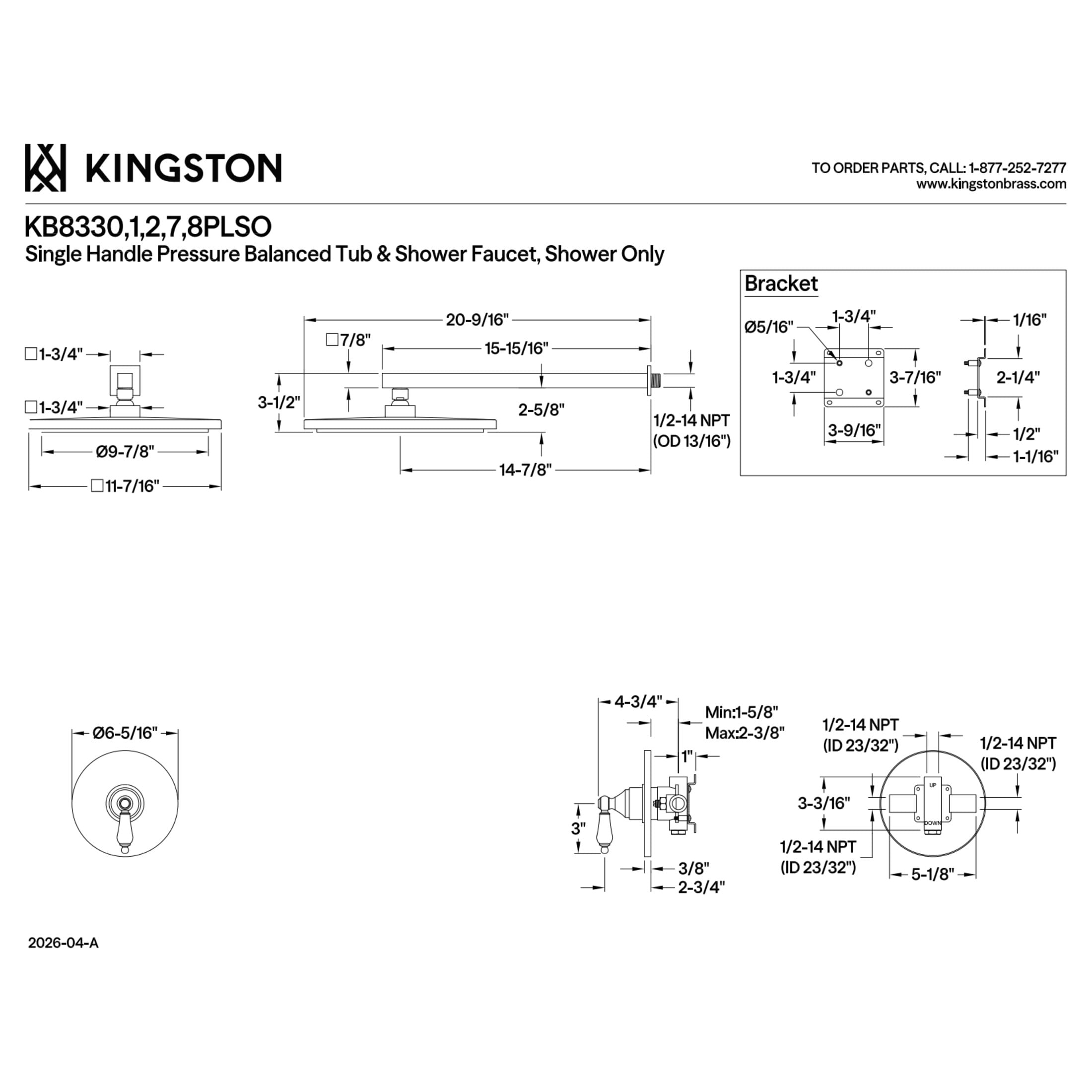 Kingston Brass KB8332PLSO Victorian Single-Handle Pressure Balanced Shower Faucet, Polished Brass