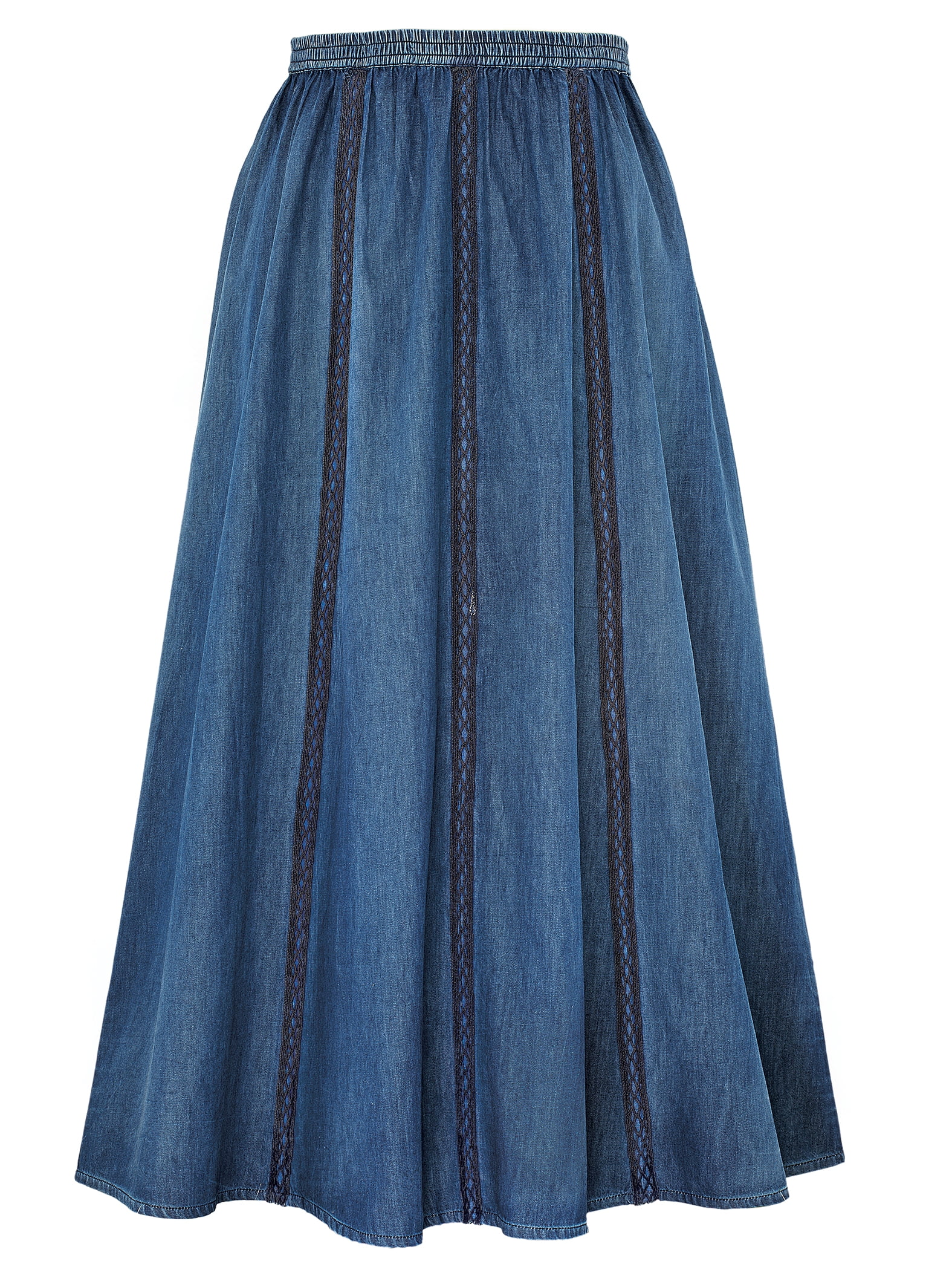 Women Denim Flared Belt Midi Skirt Vintage Retro High Waist Pleated Lady Fashion 