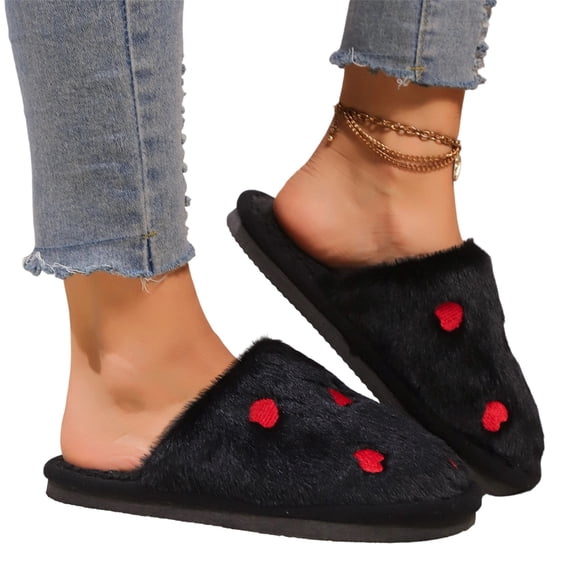 KEVCHE Womens Plush Cotton Slippers, Heart Print Closed-Toe Warm Fuzzy Sandals for Indoor Use, Lightweight Non-Slip House Shoes with Cushioned Insole, Comfortable Bedroom Slippers