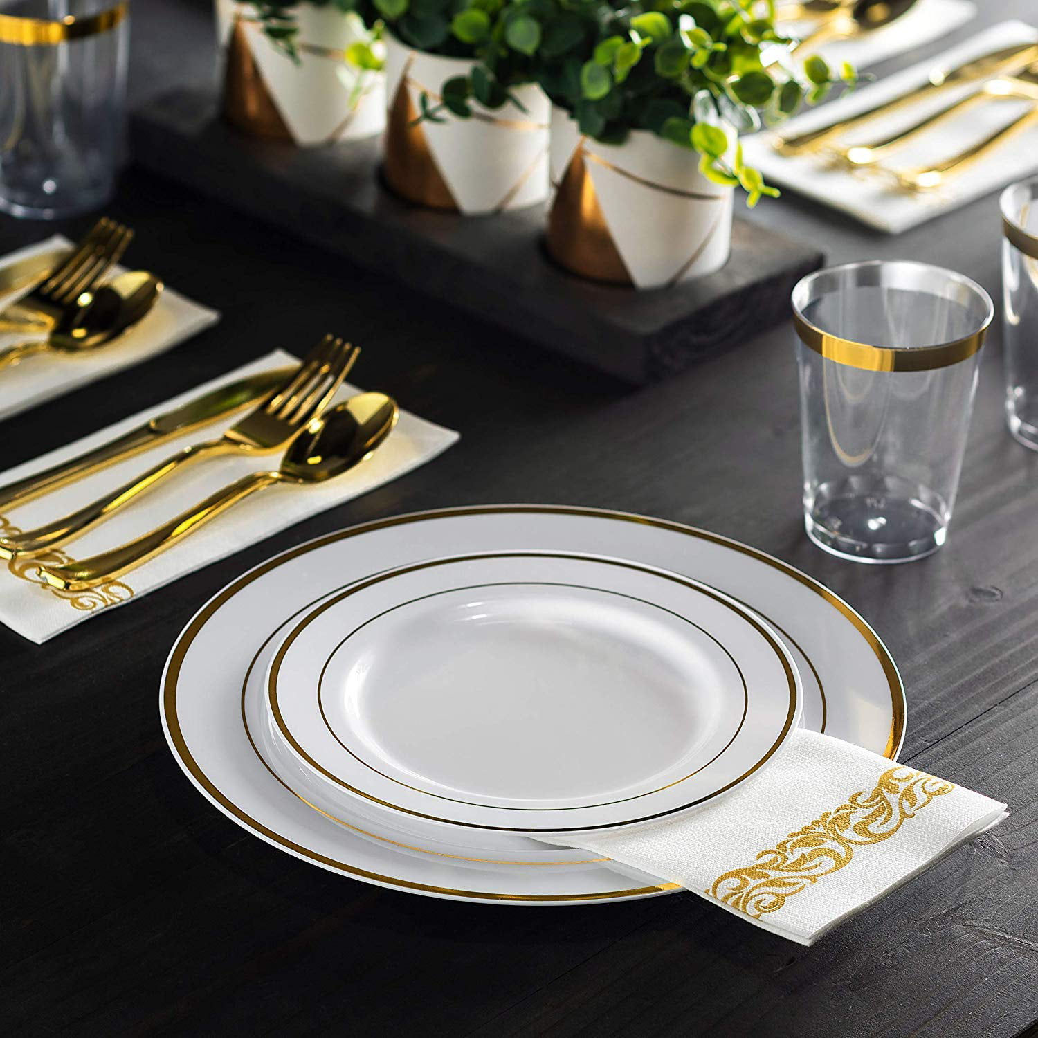 Birthday，Party Catering Event Supernal 400pcs Gold Plastic Dinnerware Set， Gold Plastic Plates，Gold Plastic Silverware， Plastic Cups with Gold Rim，Gold Napkins， Service for 50 Guest，Suit for Wedding 