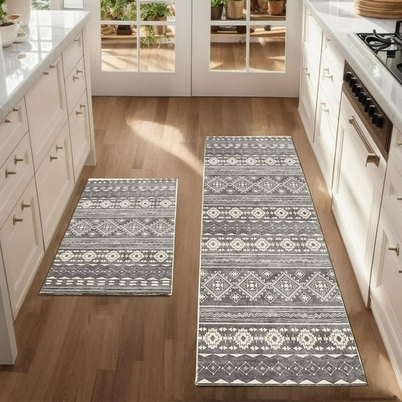Kitchen Rugs and Mats Sets, 2 Pieces Narrow Kitchen Runner Rug Non Slip Washable Kitchen Rug for Floor Bathroom Rugs,Kitchen,Hallway,Office,Sink,Laundry,Grey