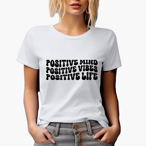 Positive Mind, Positive Vibes, Positive Life Quote, Groovy Retro Wavy Text Merch Gift, White T-Shirt, Small