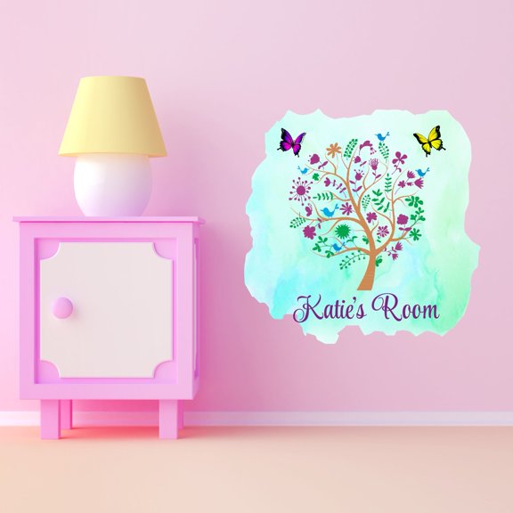 Home Watercolor Custom Name Wall Decals for Kids Room - Different Flowers & Leaves Art Design Plants & Trees Personalized Bedroom Wall Sticker Water Color Style - Size: 10 In x 10 In