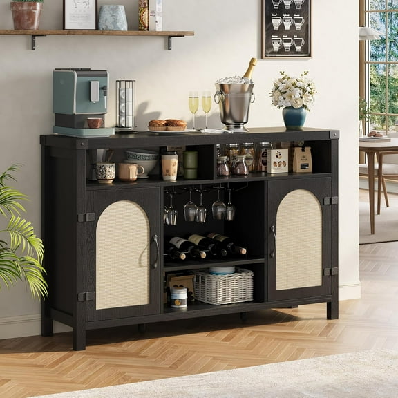 GarveeHome 52.1" Rattan Buffet Cabinet with Storage, Boho Farmhouse Sideboard with Adjustable Shelves, Drawer, Doors, Kitchen Coffee Bar Cabinet, Black