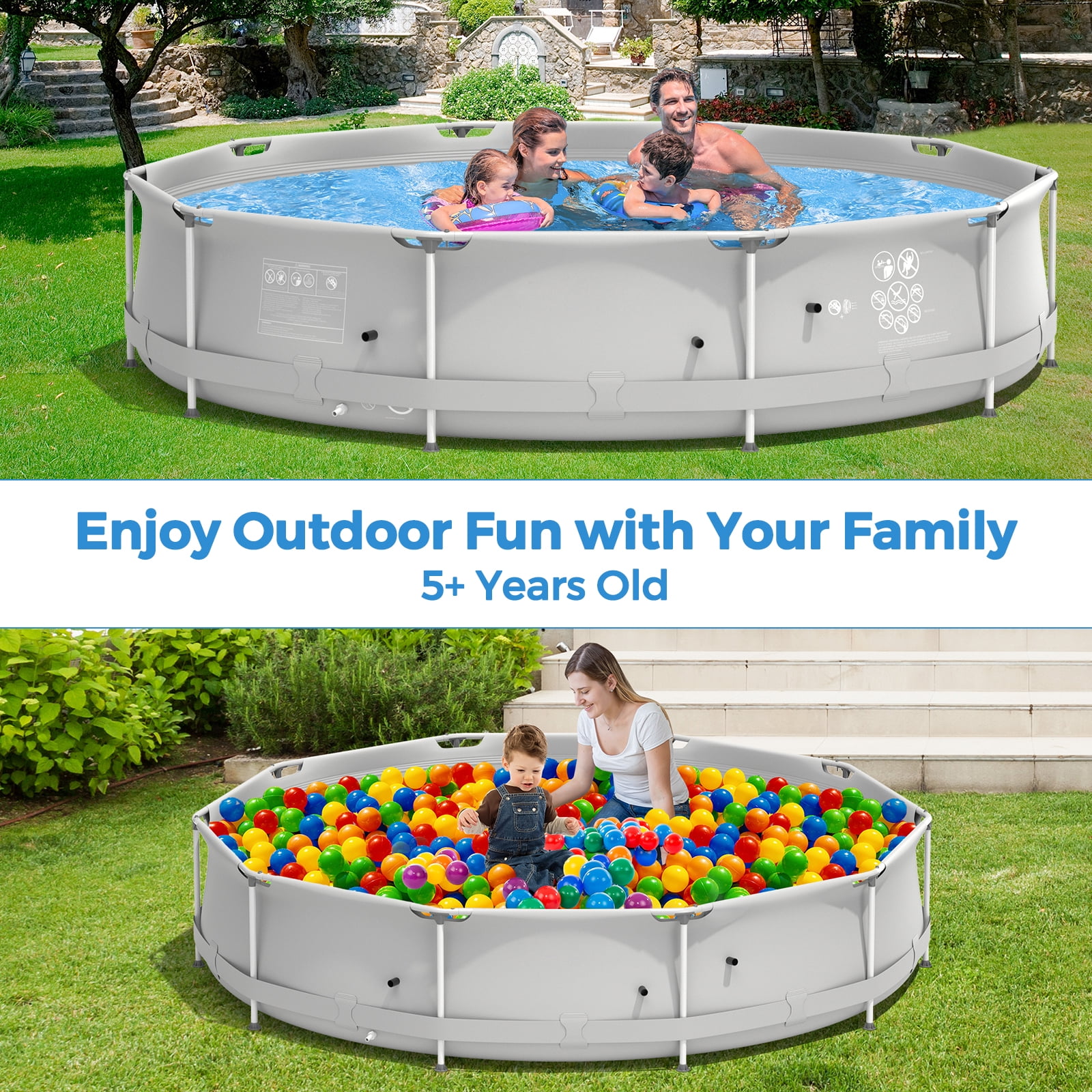 Infans Round Above Ground Swimming Pool Patio Frame Pool W/ Pool Cover Iron Frame Grey