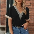 thumbnail image 4 of JGGSPWM Women's Guipure Lace Deep V Neck Crochet Deep V Neck Short Sleeve Shirt Colorblock Blouse Patchwork Top Summer Clothes Black S, 4 of 8