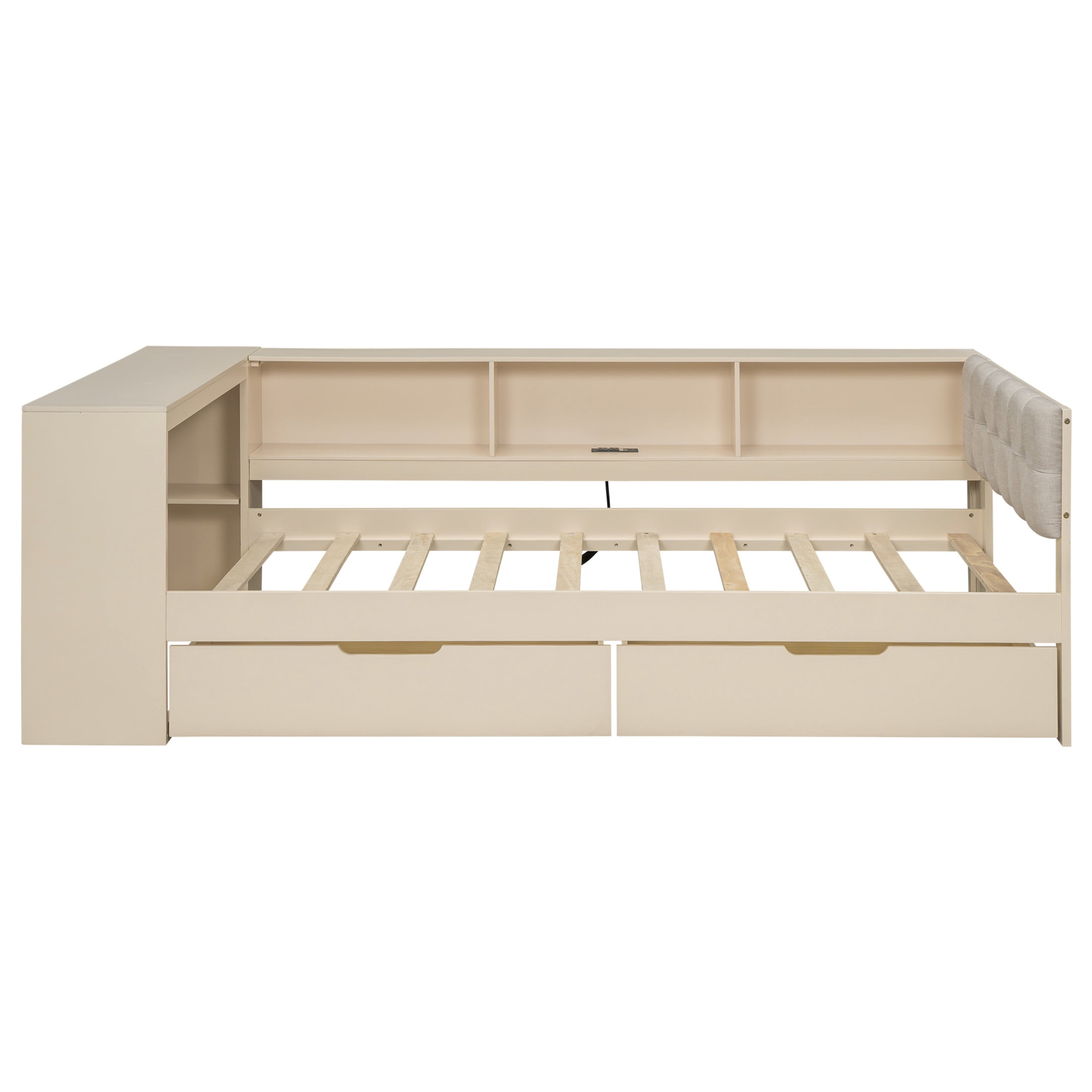 Noble House Udolf Twin Platform Bed with Upholstered Headboard, Storage Shelves and Drawers, Charging Station, Cream