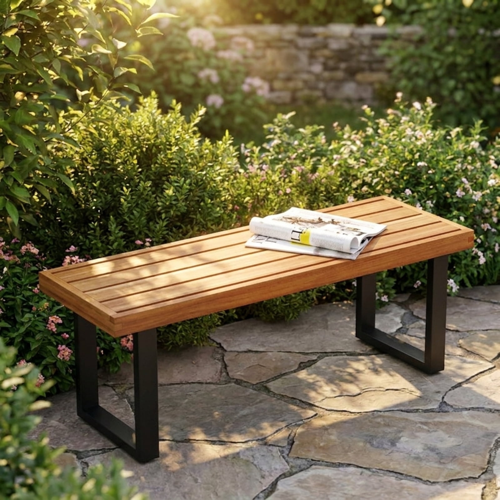 Biotree 3 Piece Patio Dining Table Set outdoor furniture set with 63 inch rectangle table and 2 backless benches for garden backyard and porch, Natural+Black