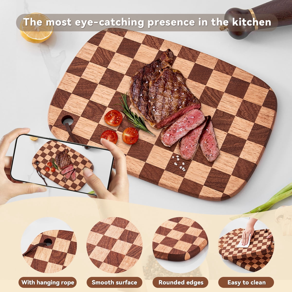 Acacia wood cutting board, kitchen chopping board, upgraded grid cutting board, large hanging meat tray