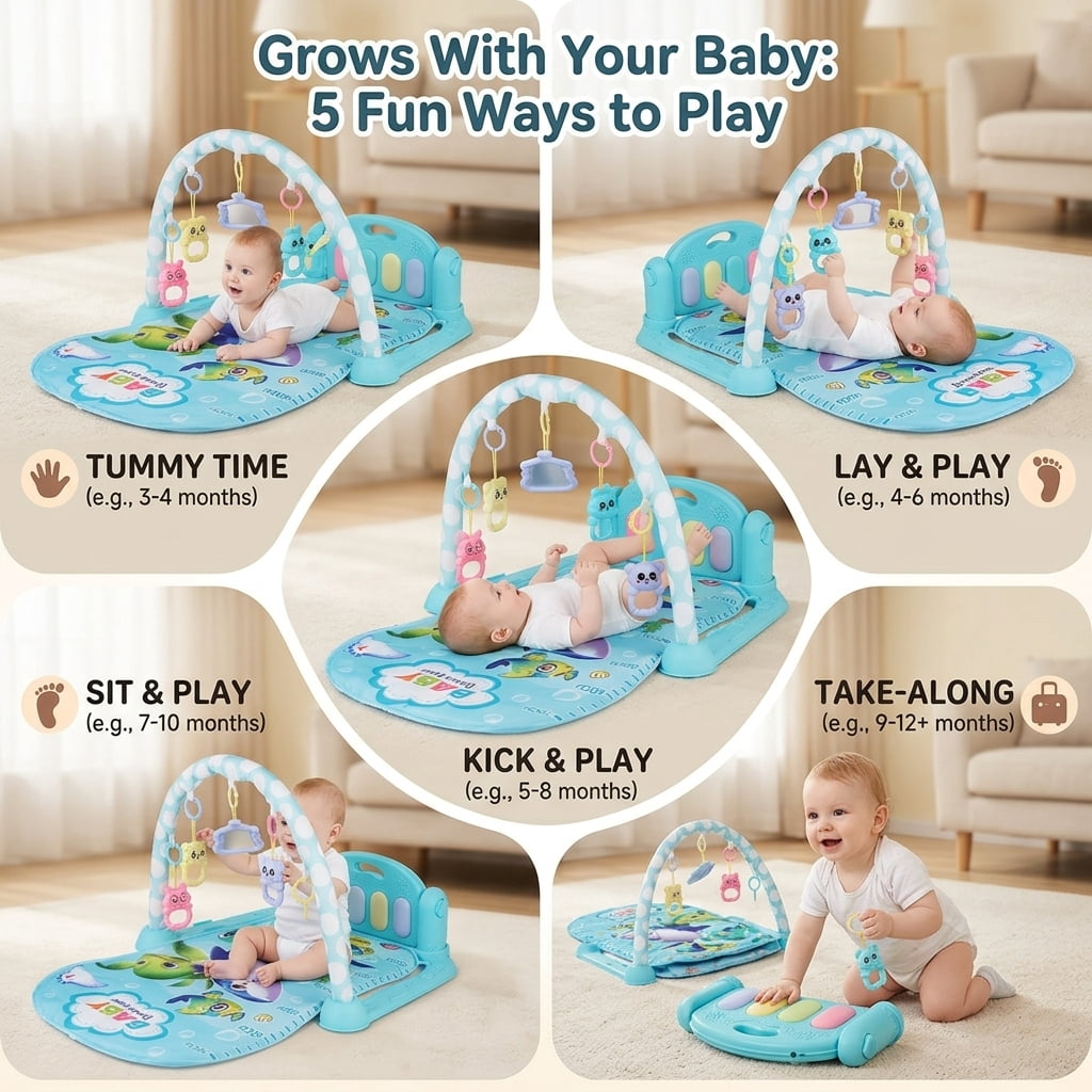SIMANLI 3-in-1 Baby Play Mat and Activity Gym with Tummy Time & Kick & Play Piano for Infant, Blue