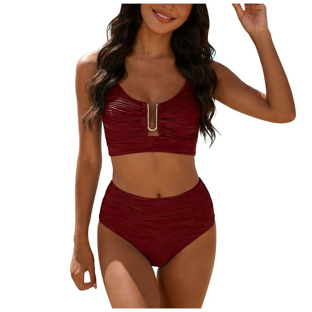WUANDIXFA Bathing Suits Woman Women High Waisted Bikini Fashion Cute Two Piece Retro Ruched High Waist Print Bikini Set Wine,2XL
