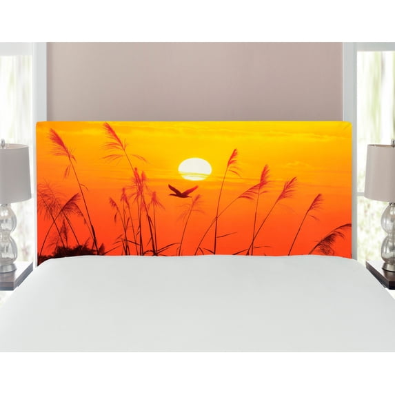 Birds Headboard, Bulrushes Against Sun Rays over Sky in Sunset with Flying Bird Theme Wildlife Image, Upholstered Decorative Metal Bed Headboard with Memory Foam, Full Size, Yellow Red, by Ambesonne