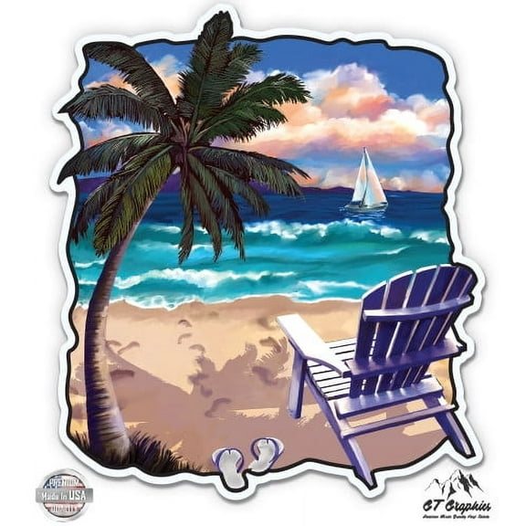 Tropical Beach Vacation - 3" Vinyl Sticker - For Car Laptop I-Pad Phone Helmet Hard Hat - Waterproof Decal