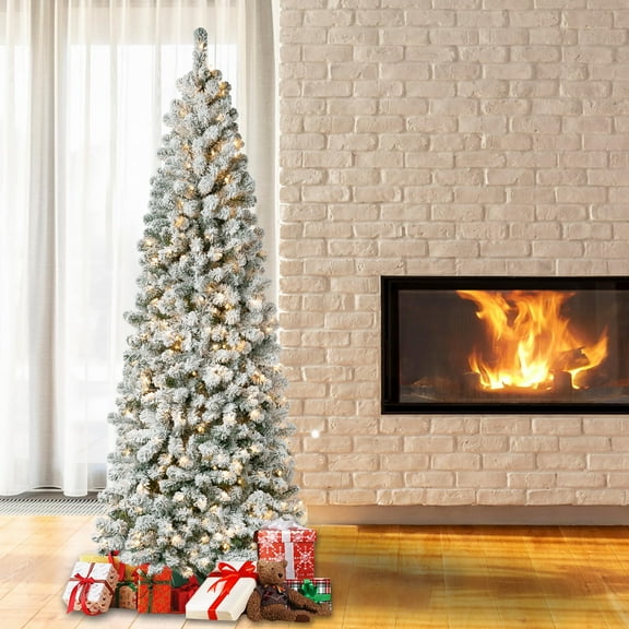 National Tree Company 7.5 ft Pre-Lit Acacia Flocked Artificial Christmas Tree with 350 Clear Lights, Medium Profile