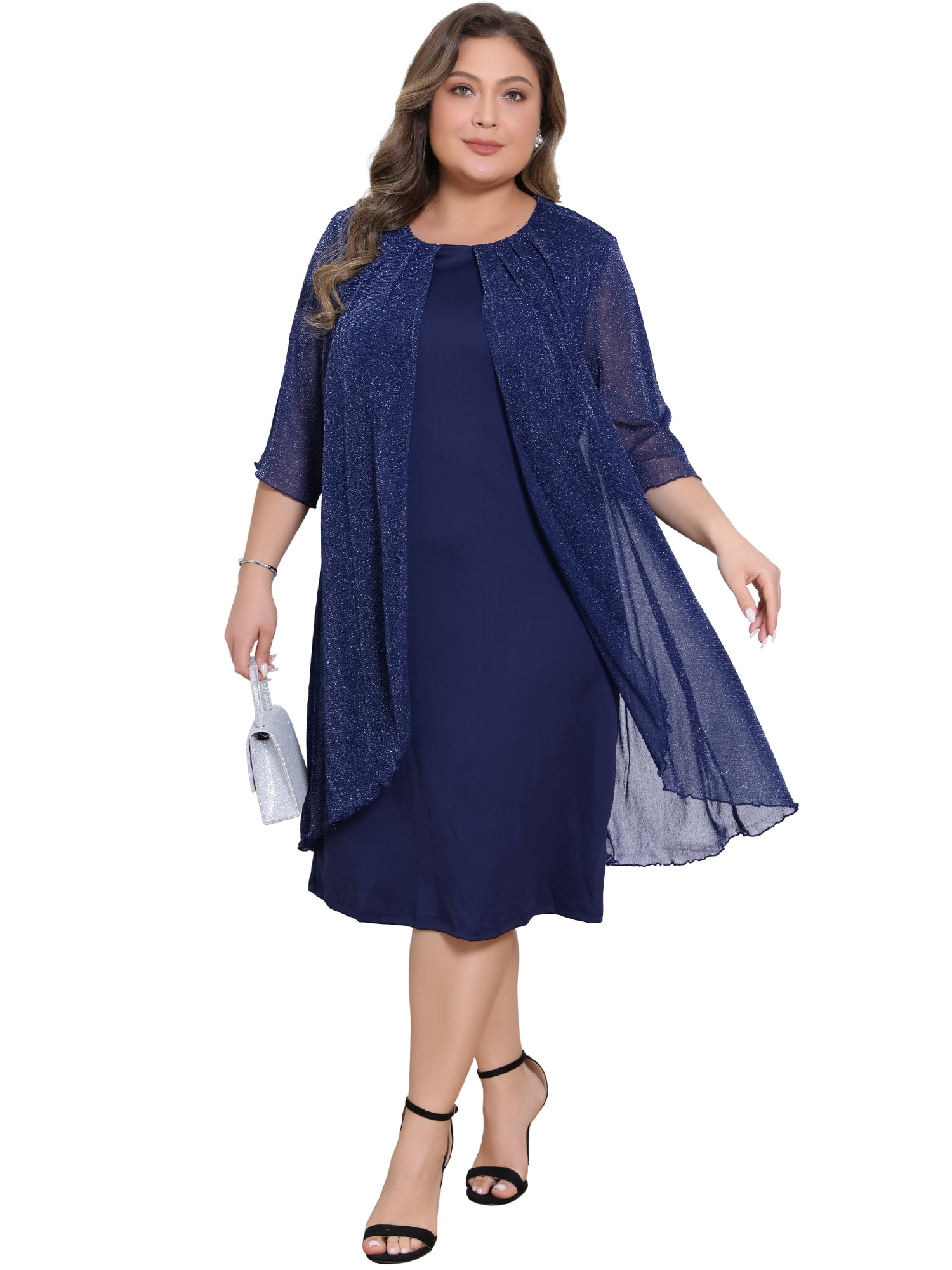 DARING DIVA Women's Plus Sequin Mesh Cape Cocktail Dress 1X Navy Blue