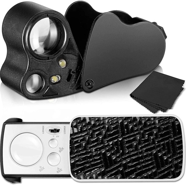Lupa de joyero negra de 2 piezas, lupa de joyero iluminada, lupa de ojo de joyero de 30 x 60 x 90 x, lupa de joyería con luz ultravioleta negra y luz LED brillante para gemas de diamante C