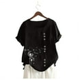 thumbnail image 3 of FAVIPT Summer Linen Tops Bohemian Floral Print Soft Blouses Crew Neck Button Up Tops Short Sleeve Casual Fashion 2025 Tees Black,L, 3 of 4
