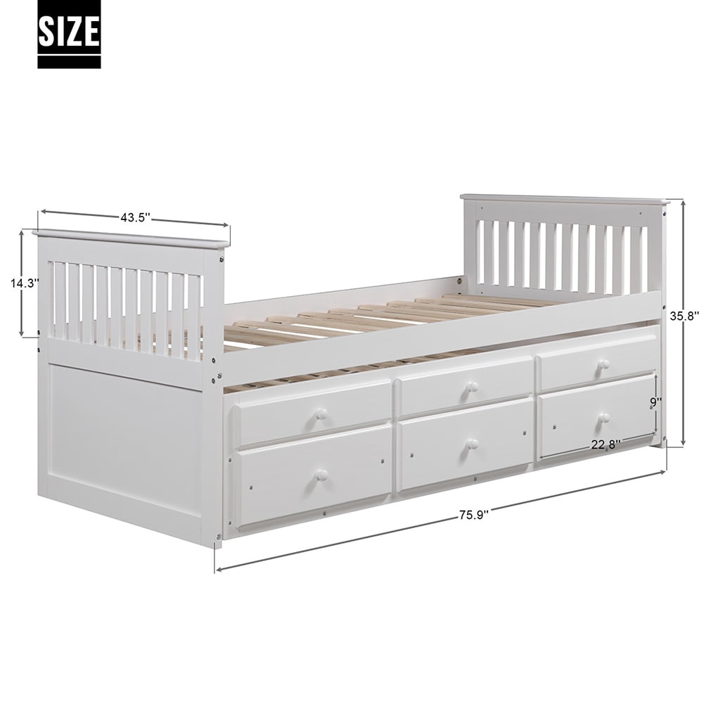 Lowestbest Solid Wood Captain's Bed, Twin Daybed with Trundle Bed and 3 Storage Drawers
