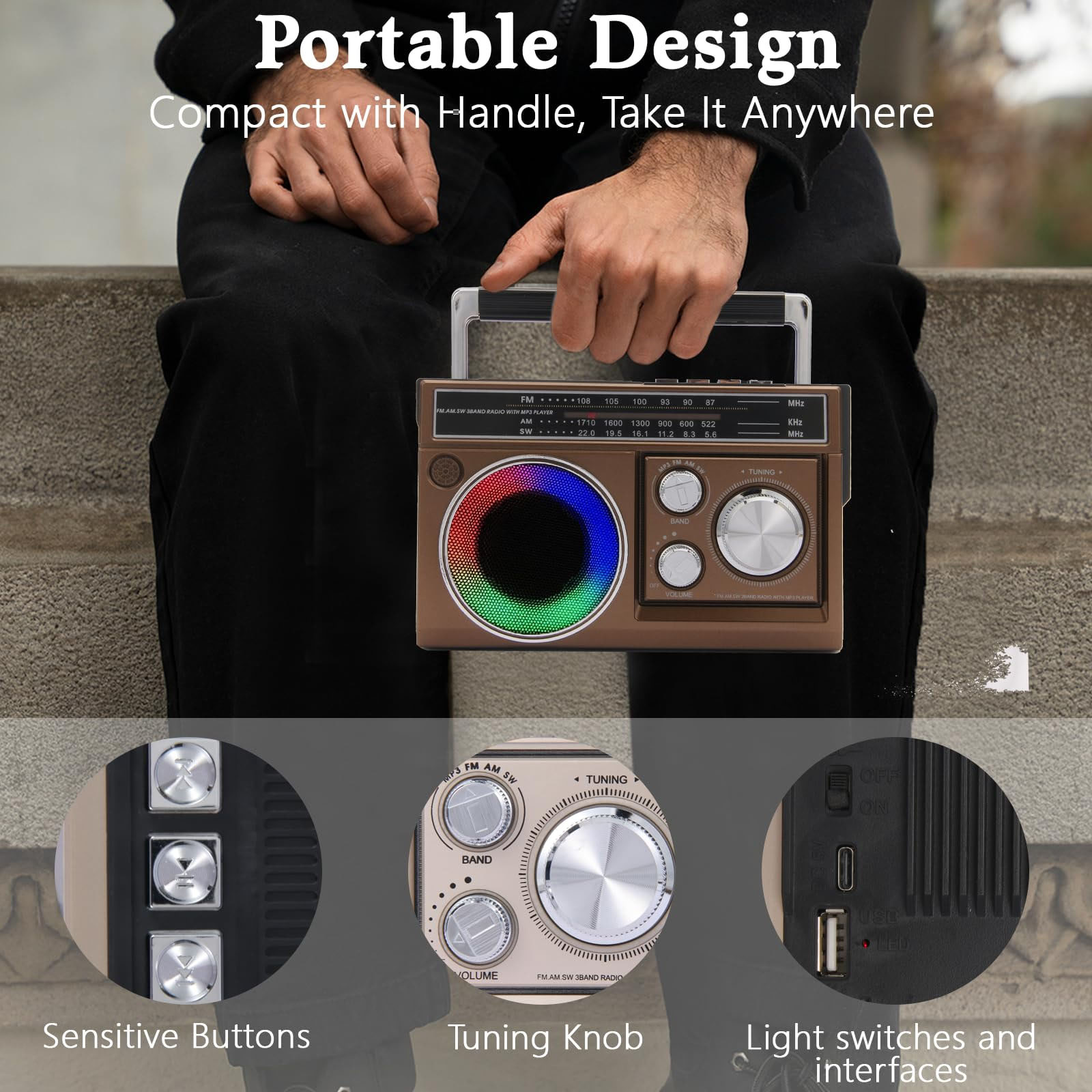 AM FM SW Radio Portable with Bluetooth Speaker, Illumination, USB TF Card Playing, Solar/USB-C Rechargeable Radios, Colorful Light, Transistor Radios Portable Emergency, Bluetooth Radio