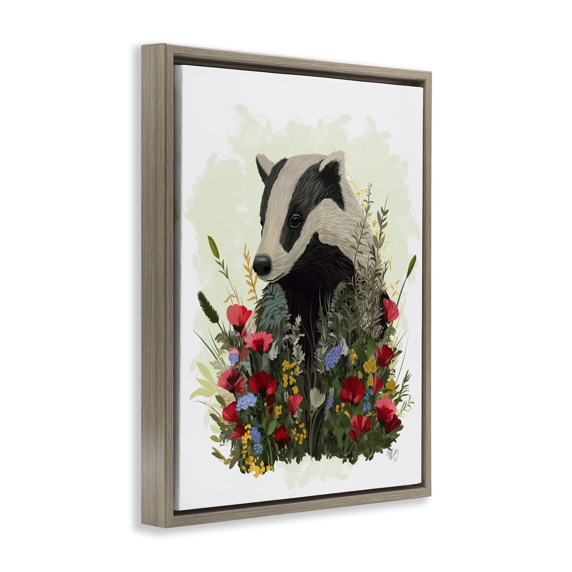 Stupell Industries Badger with Poppy Blossoms Animals & Insects Painting Brown Floater Framed Canvas Art Print Wall Art, 17 x 21