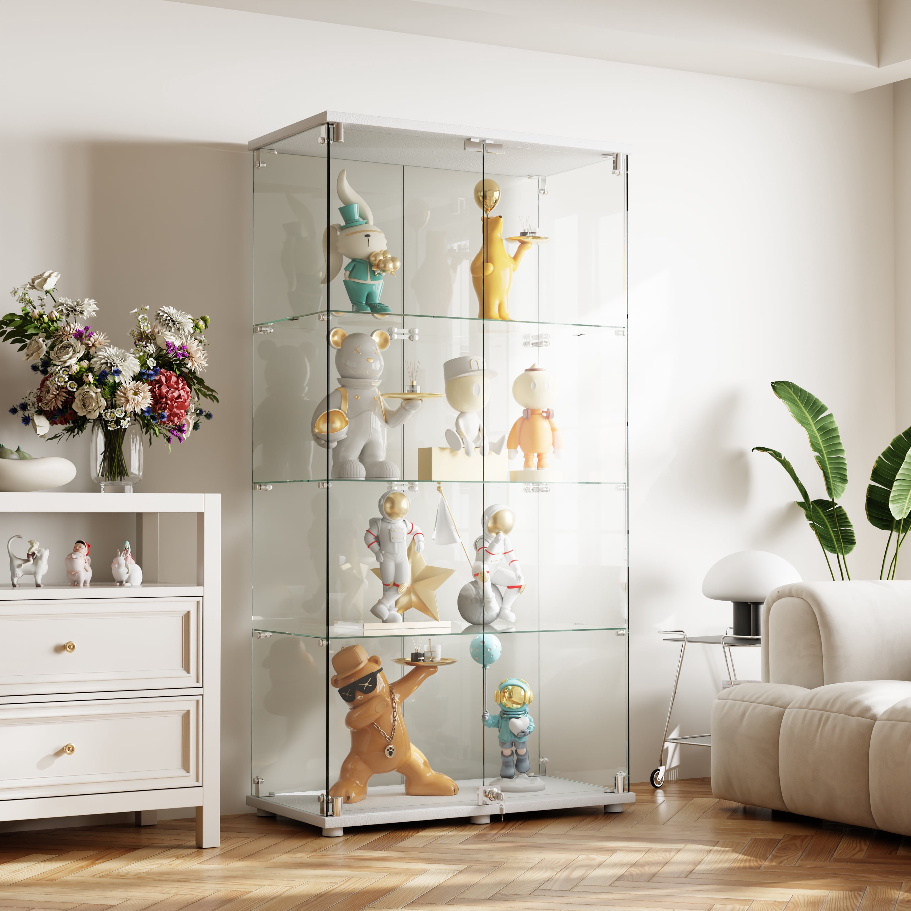BEAUTYPEAK 64" Display Cabinet with Glass Doors,4-Tier Double-Door Curio Cases with White Panels