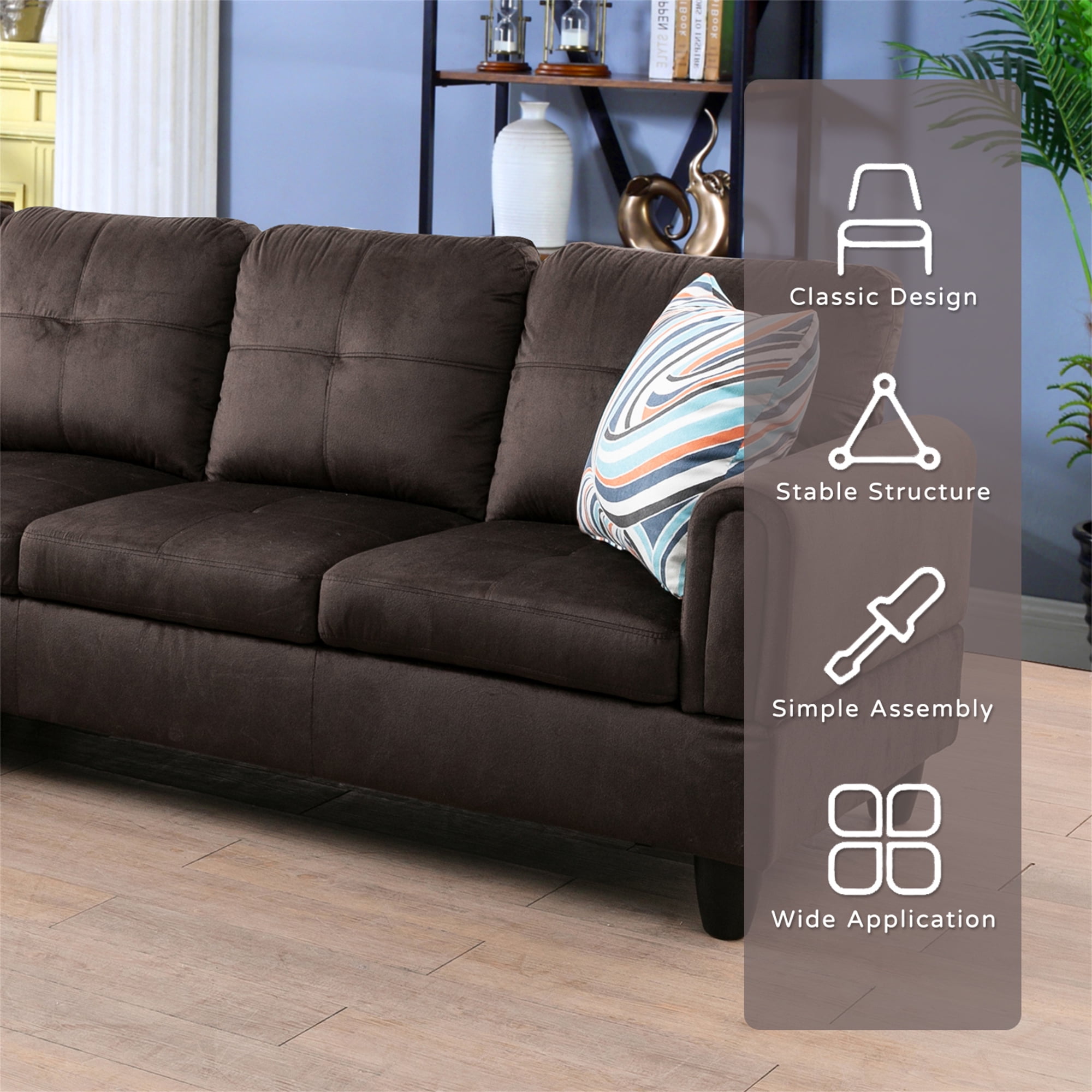 Aukfa Sectional Sofa, Living Room Couch with Storage Ottoman, Left Face Chaise, Flannel, Dark Brown