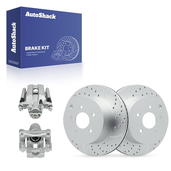 AutoShack Rear Vented Drilled & Slotted Coated Brake Rotor Silver Matte Finish   Caliper 4-PC Brake Kit Replacement for 2009-2024 Nissan Murano 2013-2020 Nissan Pathfinder TurboGuard 12.13" (308 mm)