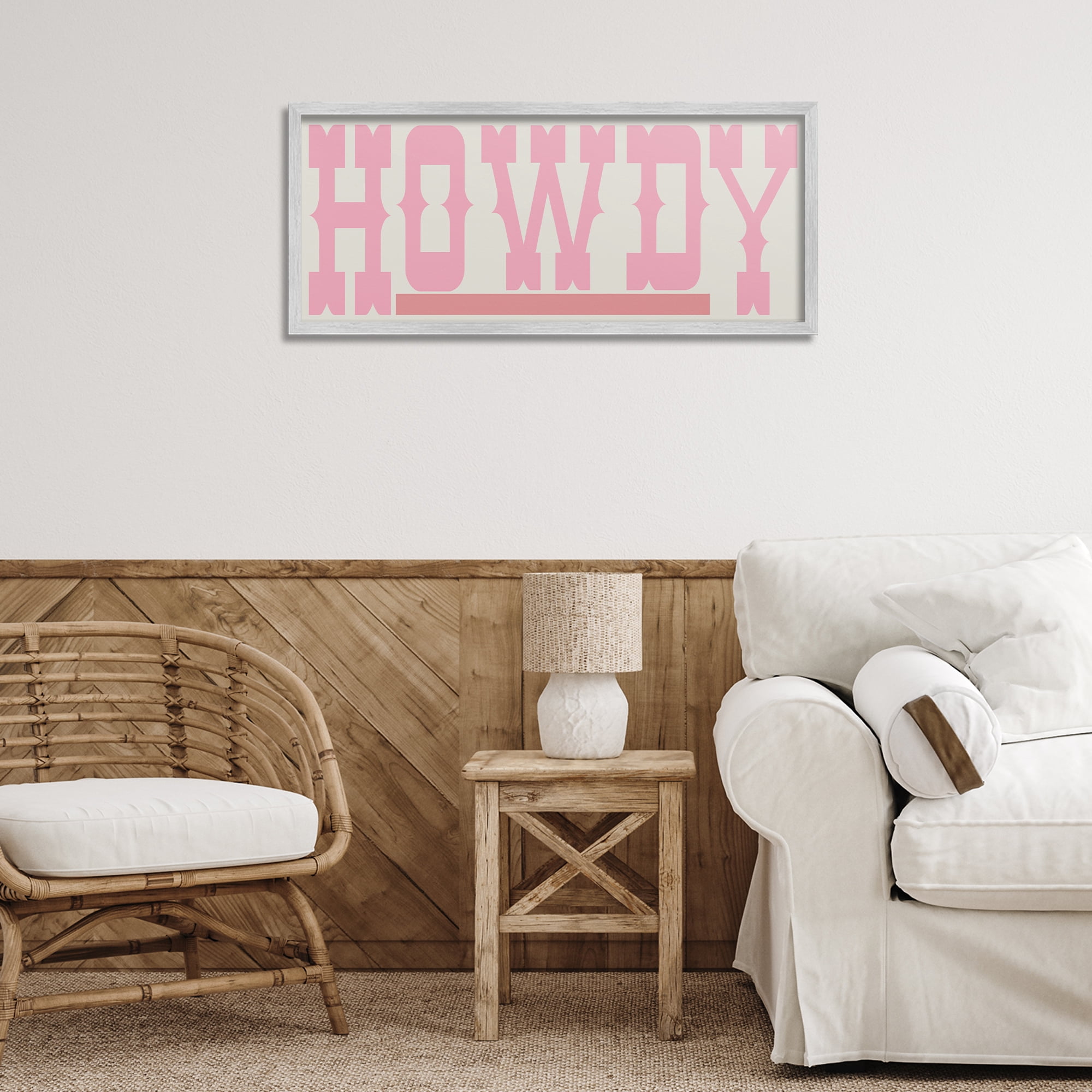 Stupell Industries Howdy Pink Text Typography Painting Gray Framed Art Print Wall Art, 30 x 13