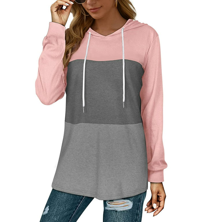 Kinple Women Casual Color Block Patchwork Pullover Long Sleeve Hoodie  Drawstring Tops Sweatshirt
