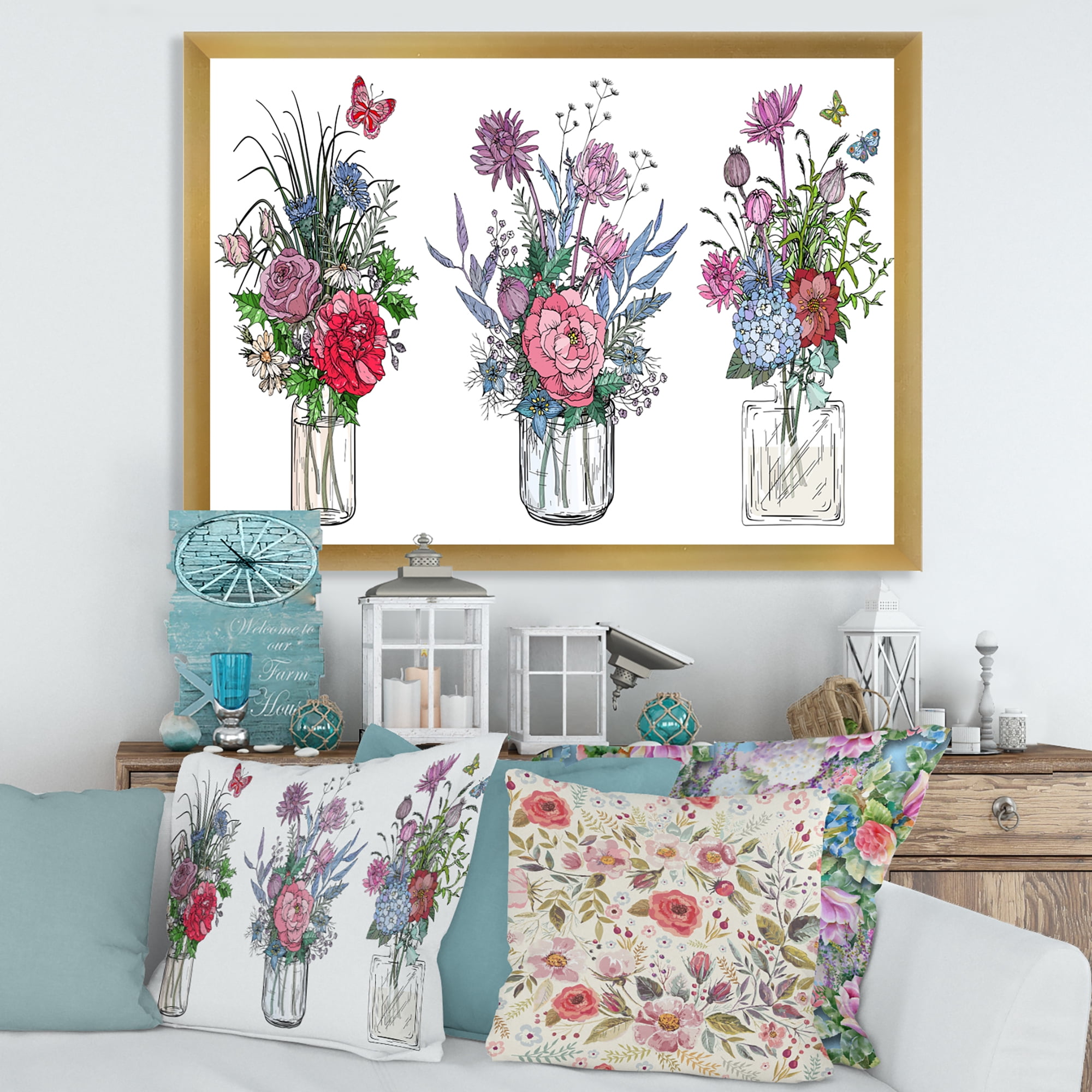 Designart 'Transparent Vases With Bouquets of Wildflowers I' Farmhouse Framed Art Print