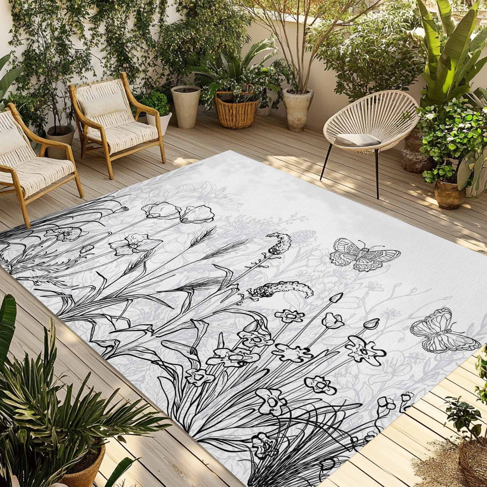 Outdoor Rug 5x8ft Simple Style Floral Large Area Rug Grey Plant Line Art Indoor Outdoor Carpet Outdoor Rugs Mats for Patio Camping,RV,Front Door, Outside Decor