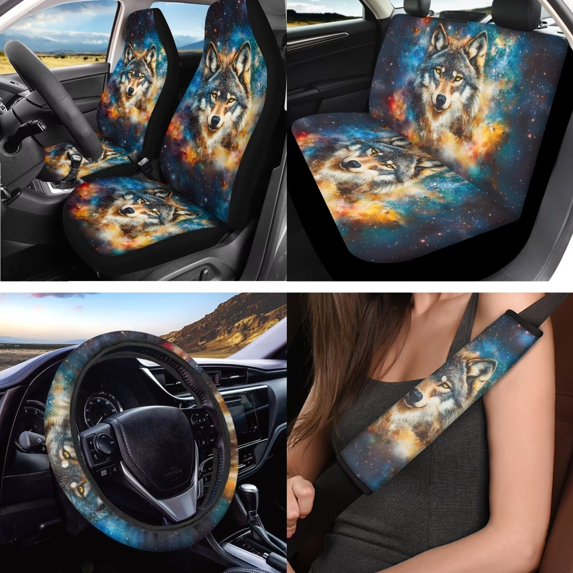 Jeiento Wolf Car Seat Covers Full Set Car Accessories with Steering Wheel Cover Seatbelt Covers Galaxy Sky Coasters Trash Bag Air Vent Storage Bag Flower Keychain Fit for SUVs Sedans, 12 PCS