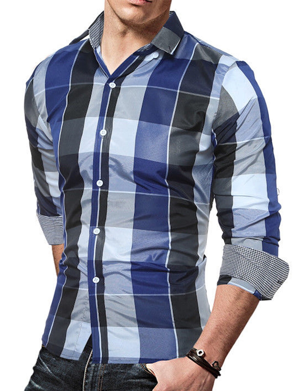 Eyicmarn - Fashion Men Slim Fit Long Sleeve Cotton T Shirt Plaid Casual