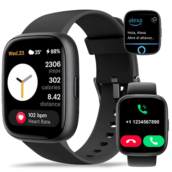 Vibeat Smart Watch Alexa Built-in 1.83" HD Bluetooth Call IP68 Fitness Tracker Black