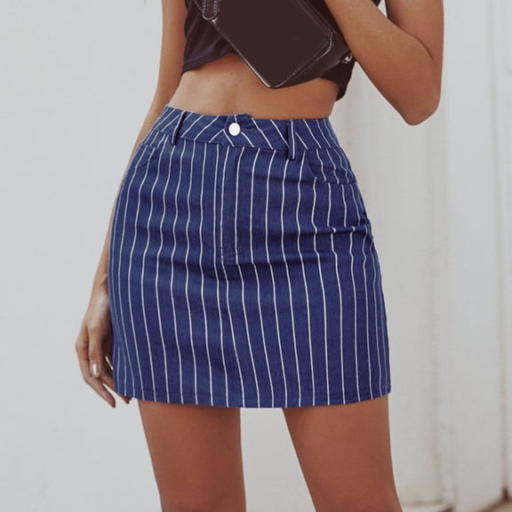 FASHOFT Jean Skirts for Women Denim Vintage All Match Striped Denim Bodycon Mini Skirt Slim Fit Casual Streetwear Denim Skirt Blue