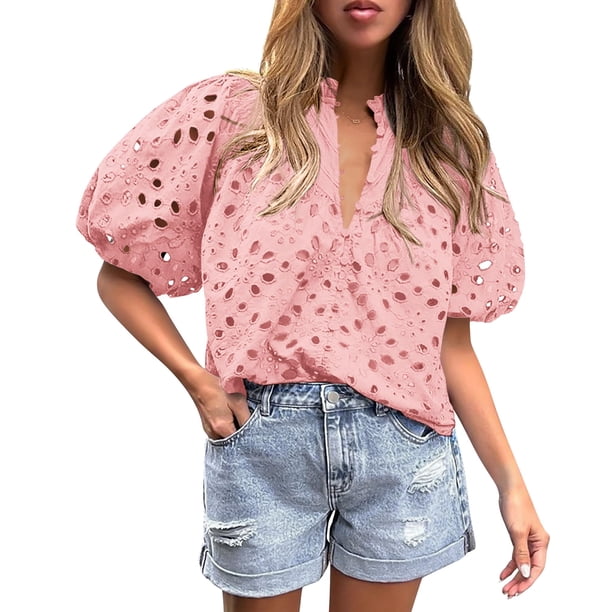 Blusa de Encaje Rosa con Escote en V y Detalles Calados para Mujer PRETTYGARDEN Talla S