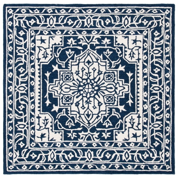 SAFAVIEH Micro-Loop Hailey Medallion Area Rug, Navy/Ivory, 5' x 5' Square