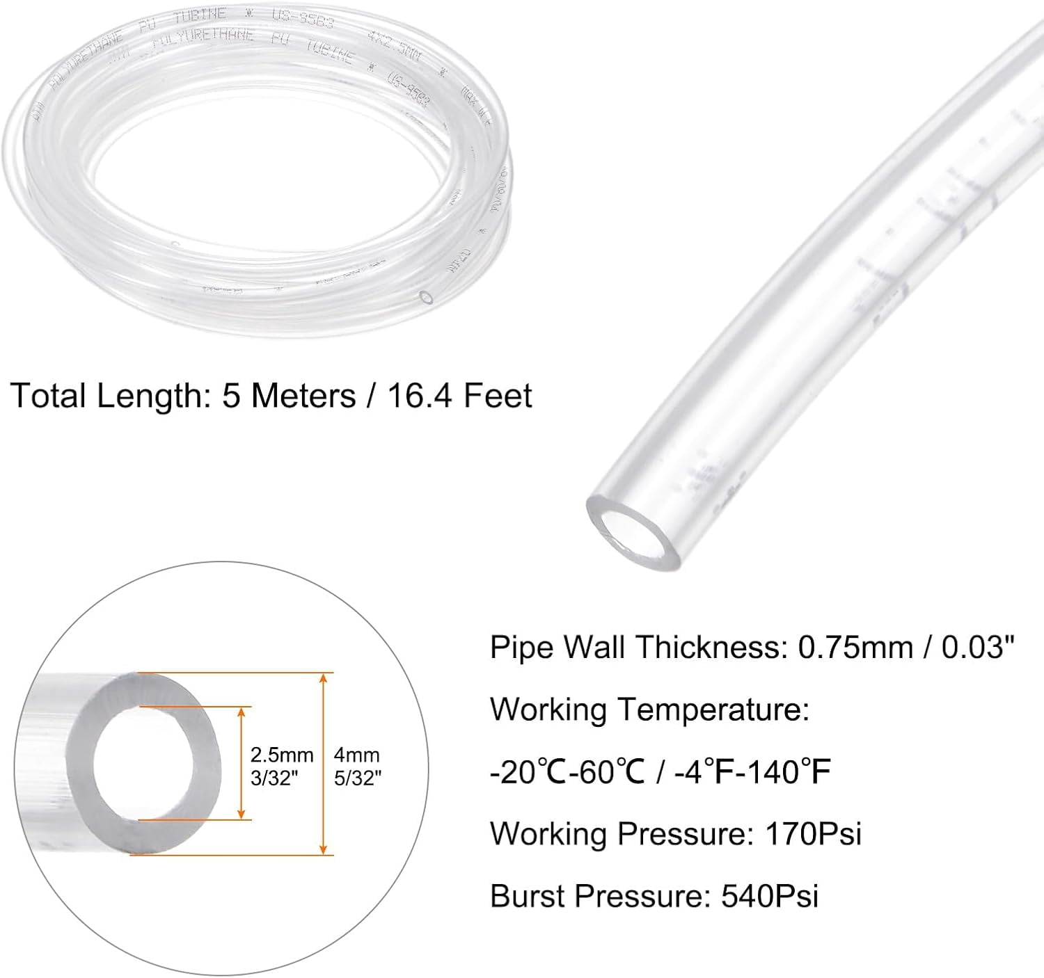 MKEUDQ-Pneumatic Tubing Pipe Pu Hose 4mm OD x 2.5mm ID 5 Meters(16.4 FT) Air Compressor PU Polyurethane Line Hose Tube for Air Compressor Water Fluid Transfer, Clear