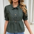 thumbnail image 5 of Karymi Shirts for Women Denim Peplum Blouse, Collar Short Sleeve Button-Down Shirt, Puff Sleeve Ruffled Hem Babydoll Top Workout Tops for Women, 5 of 9