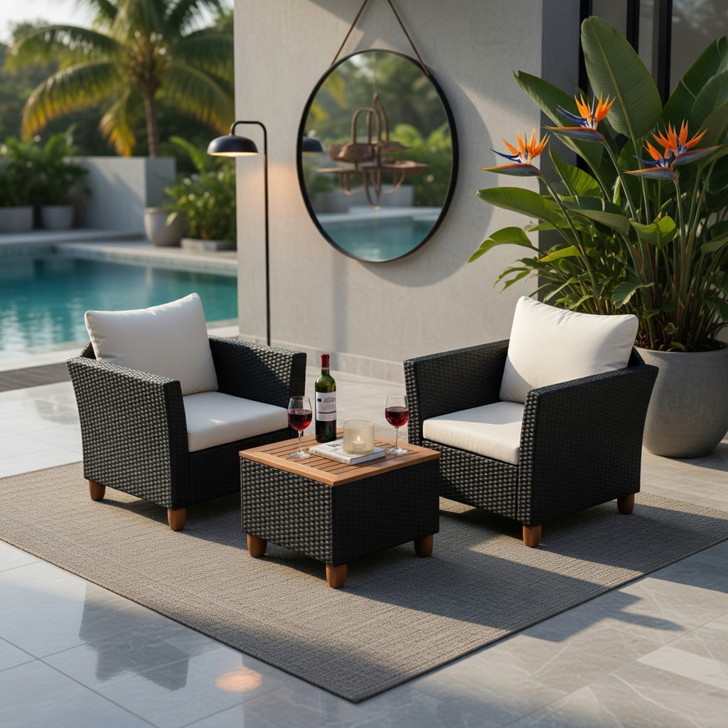 Hommoo 3-Piece Outdoor Rattan Patio Furniture Set with Acacia Wood Coffee Table, White