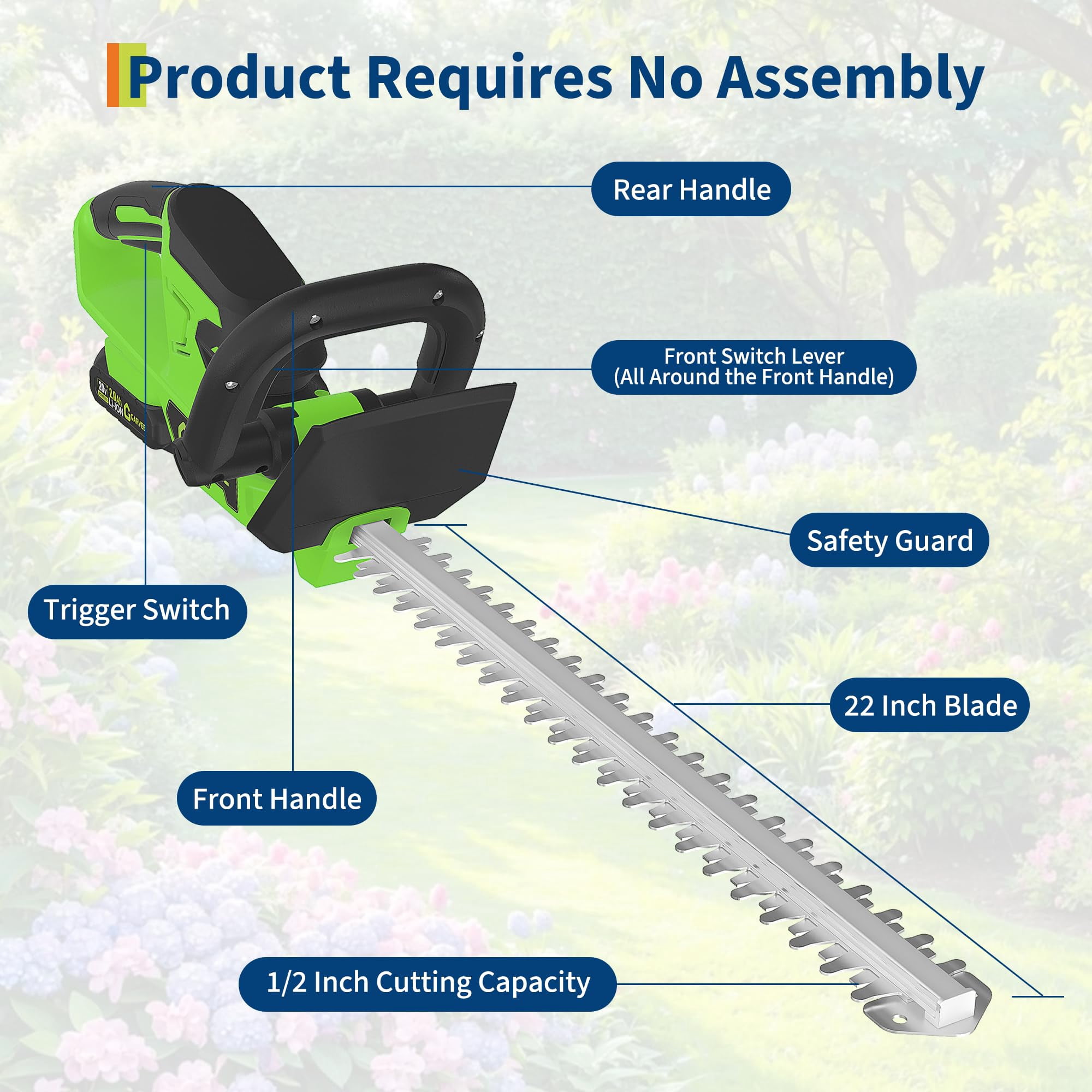 Hedge Trimmer Cordless, 22 Inch Electric Hedge Trimmer, 20V Bush Trimmers with 2 2.0Ah Batteries and Charger, Handheld Electric Trimmers, Lightweight and Easy to Use, for Garden, Horticulture, Lawns