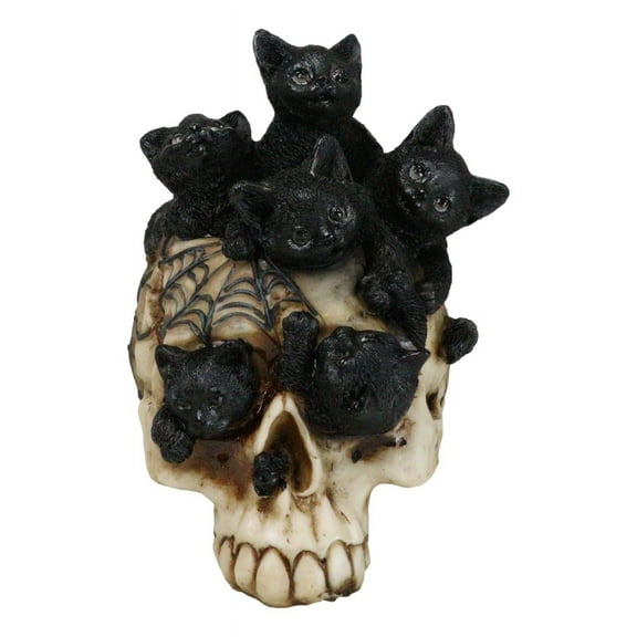 Witchcraft Black Kitten Cats Perching On Arachnid Spider Web Skull Figurine