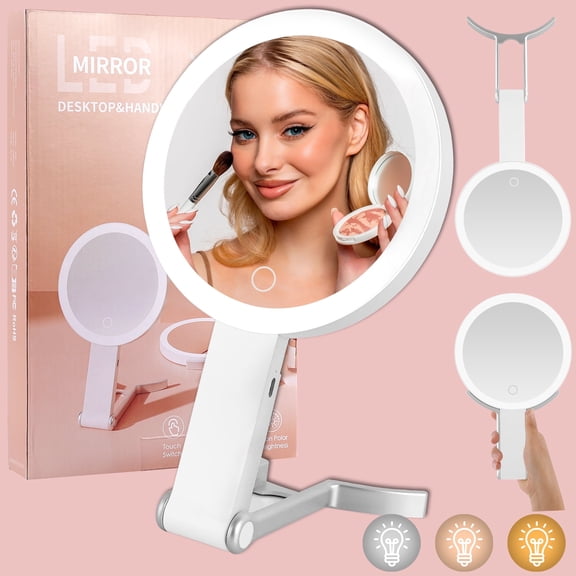 JUUTREN Travel Makeup Mirror with Light, 2-Sided 10X /1X Magnifying Vanity Mirrors, 3 in 1 Hand Held Tabletop Hanging LED Mirror, 3 Color Lighting Dimmable Touch Screen for Home and Outside