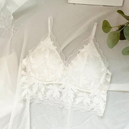 

Baywell Women s Maple Leaf Pattern Signature Lace Deep V Bralette White