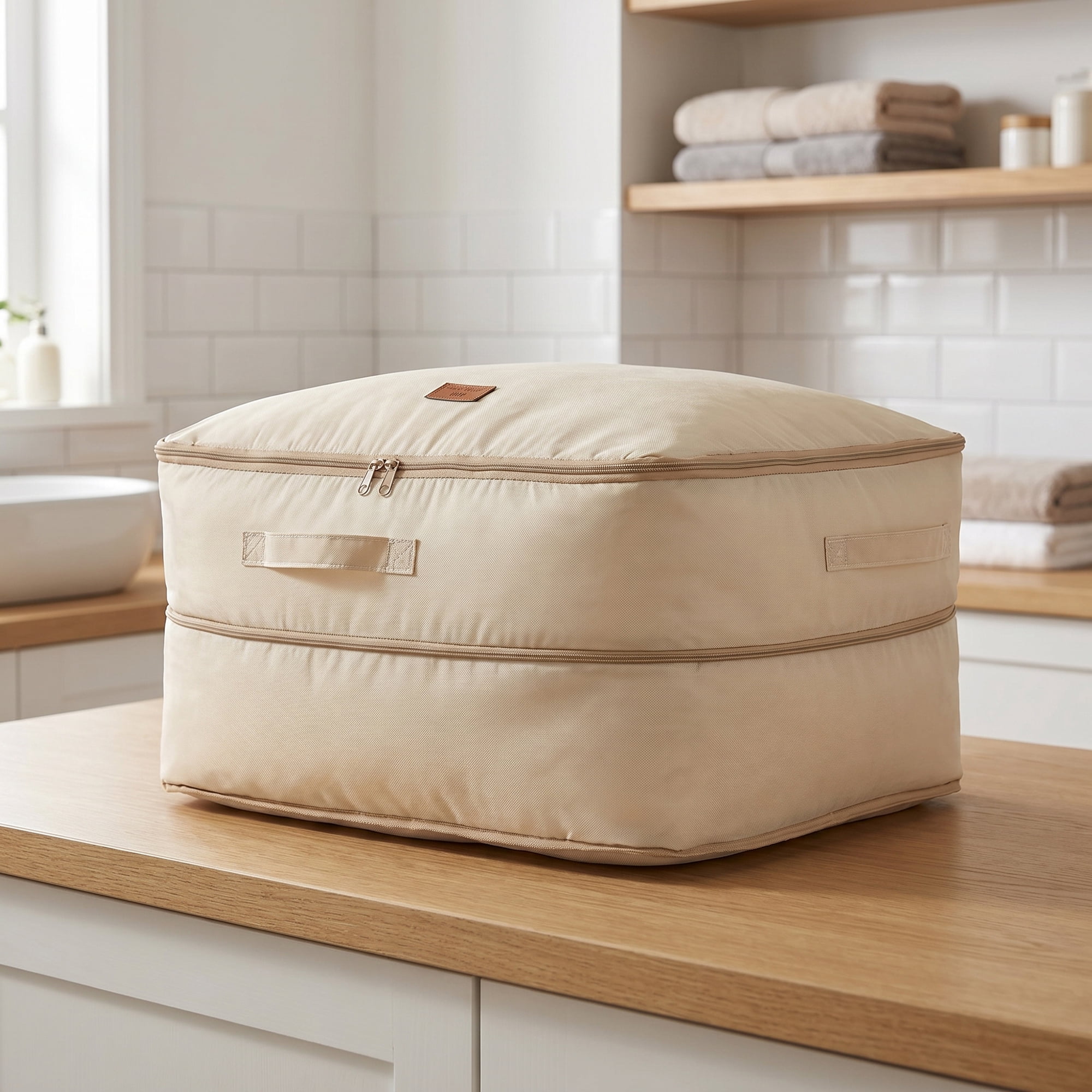Unique Bargains Large Expandable Packing Bag with Tag Patch Design Beige 20.5"x16.5"x11.8"