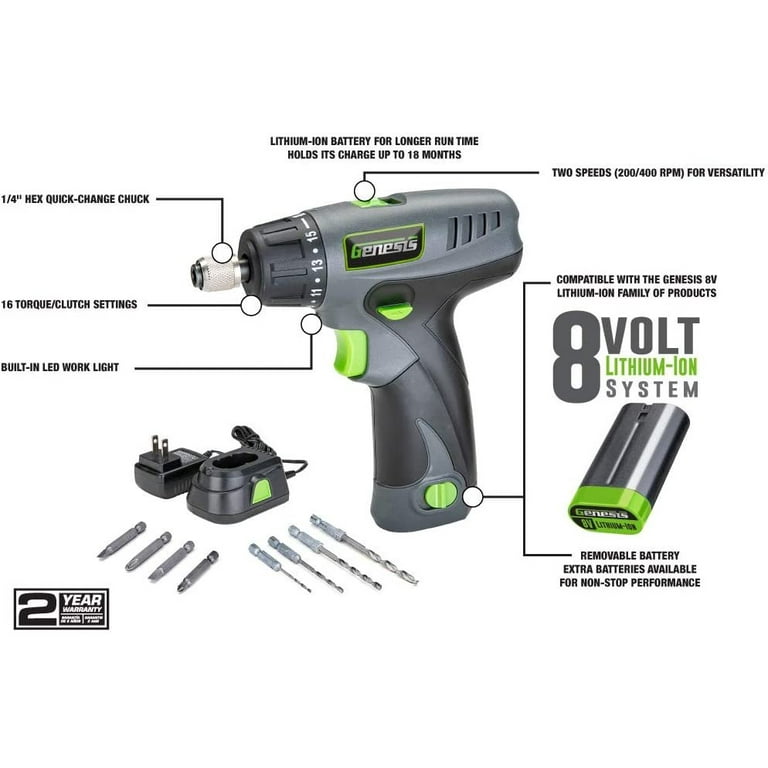 Genesis GLSD08B 8V Lithium Ion Battery Powered Quick Change 2 Speed Cordless Screwdriver with LED Work Light Battery Pack Charging Stand 4