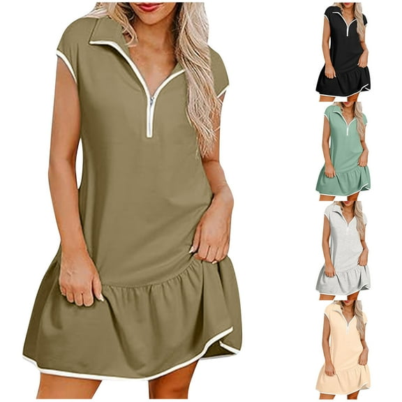 ZZwxWA Women Dresses Casual Spring Summer Colorblock Cap Sleeve Half Zip Patchwork Mini Dress with Pockets